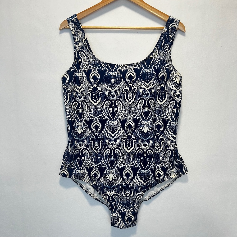 Catalina One Piece Swimsuit Padded Cups Blue Off White Geometric Pattern 18W/20W